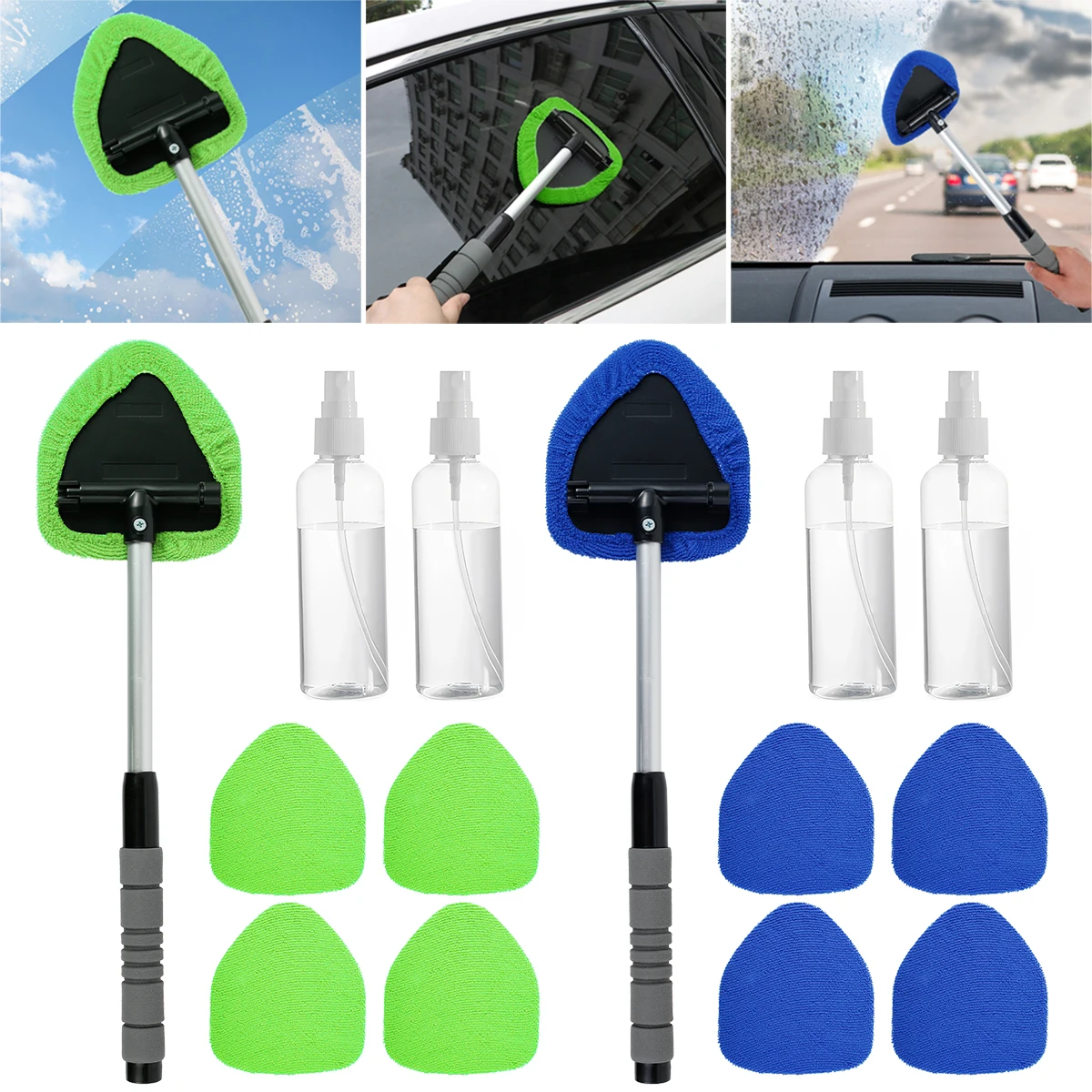 Telescopic Car Window Windshield Cleaning Brush Set Auto Interior Glass Wash Wiper with 5 Reusable and Washable Pads Long Handle
