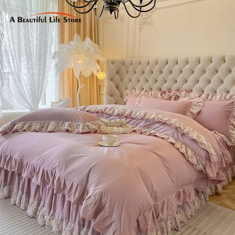 100% Cotton Korean Princess Style Lace Ruffles Bedding Set Bean Paste Pink Duvet Cover Set Bed Skirt Bedspread Pillowcases 4Pcs