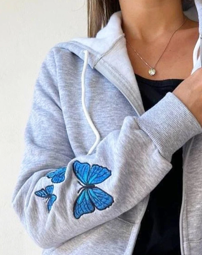 Women's butterfly printed long sleeved hooded drawstring cardigan casual jacket with pockets, fashionable and casual new style