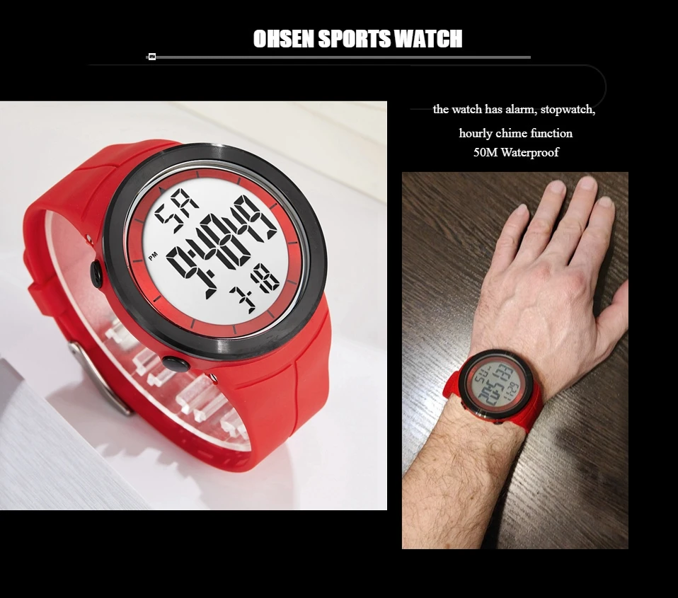 Relógio de pulso LED militar masculino, relógios digitais para homens, mergulho, tático, grande mostrador, impermeável, eletrônico, alarme, cronômetro, preto, 50m
