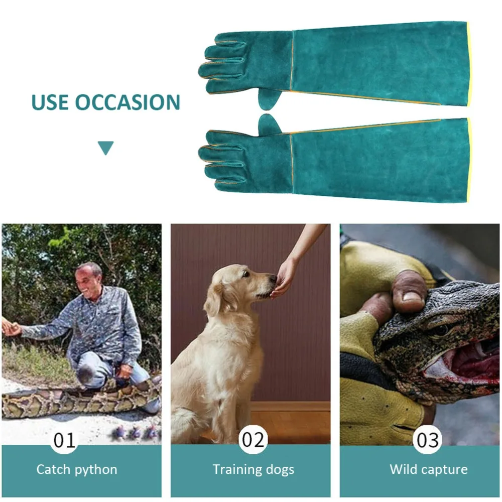 1 pair Double Layer Construction Animal Handling Gloves Outer Cowhide Leather Inner Canvas Lining Forearm Protection Gloves