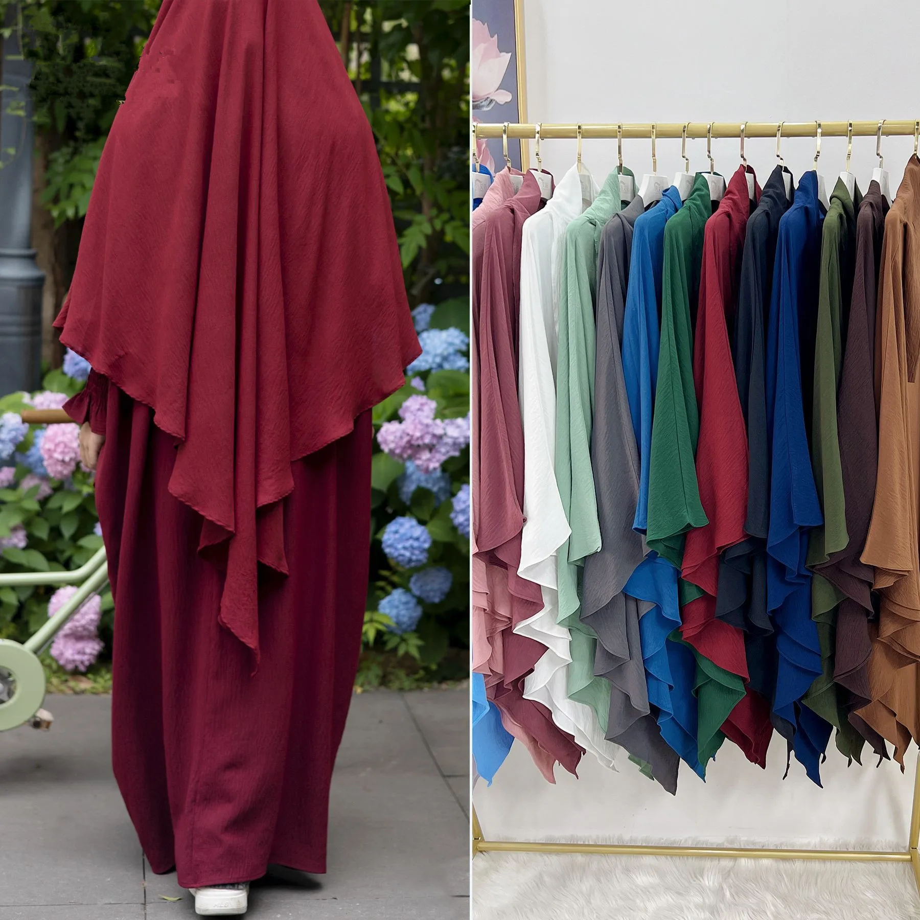 2pcs Abaya Muslim Women Overhead Hijab Maxi Dress Sets Prayer Garment Khimar Dubai Islamic Arab Robe Eid Ramadan Burqa Clothing