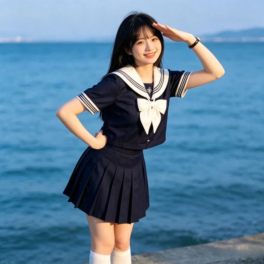 Elegant Waist-tight Sailor Suit,Short Sleeve College School Uniform for Women,Daily Campus Outfit for Casual Wear&Anime Cosplay