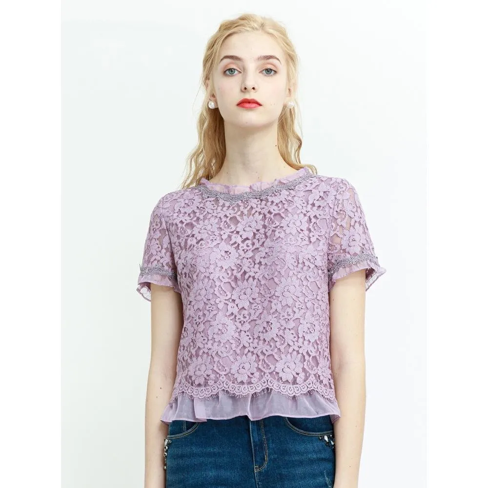 

New Elegant Lace Shirt Women Fashion Floral Embroidery Elegant Ruffles Short Sleeve Blouse Hollow Out Office Lady Top