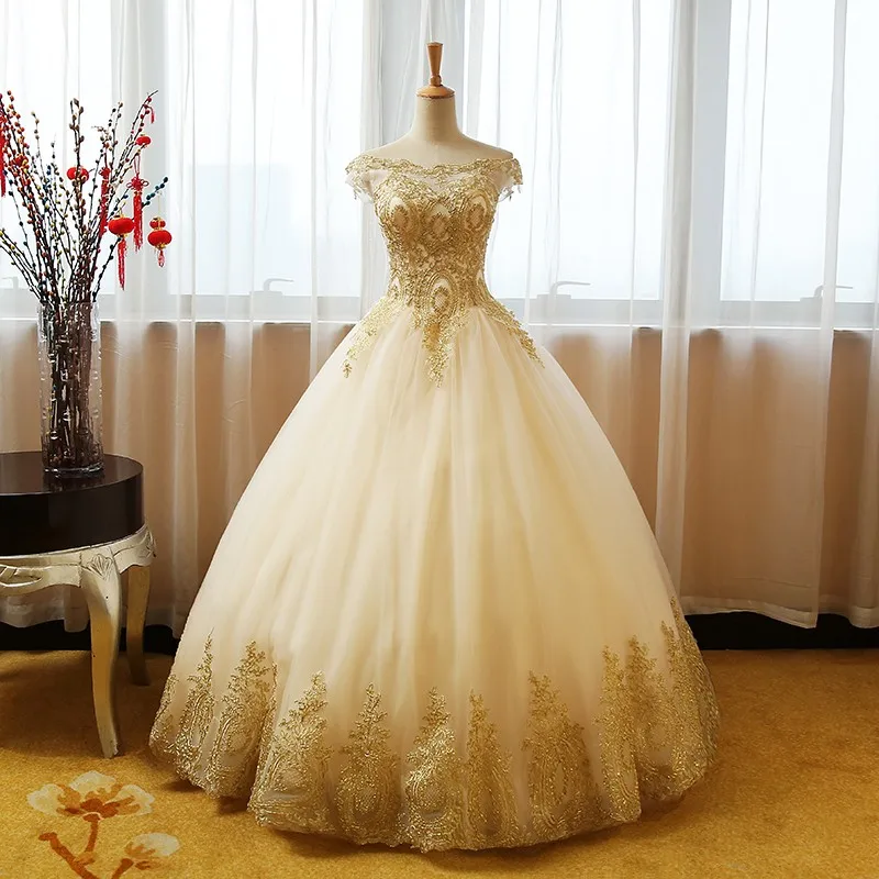 

Retro Quinceanera Dresses Off The Shoulder Gold Lace Appliques Vestidos De Gala Largos Prom Dress Puffy Masquerade Ball Gowns