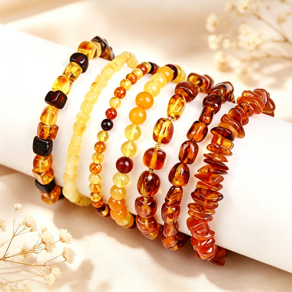 Natrural Genuine Baltic Flower Amber Bracelet Amber Irregular Chip / Round Beads Rought Size,For Women Bracelets Gift