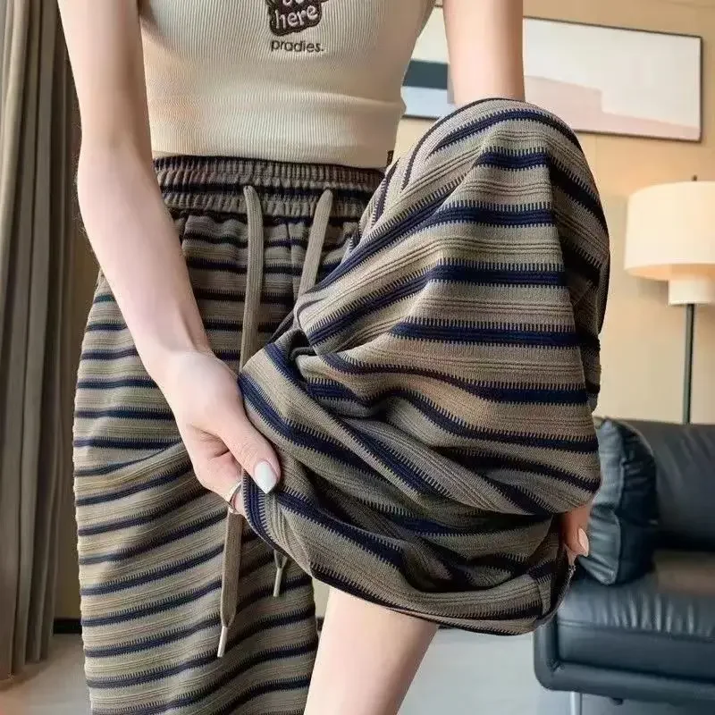 Pantalones de pierna ancha de cintura alta para mujer, pantalón informal, holgado, a rayas, a la moda, estilo coreano, rectos, hasta el suelo