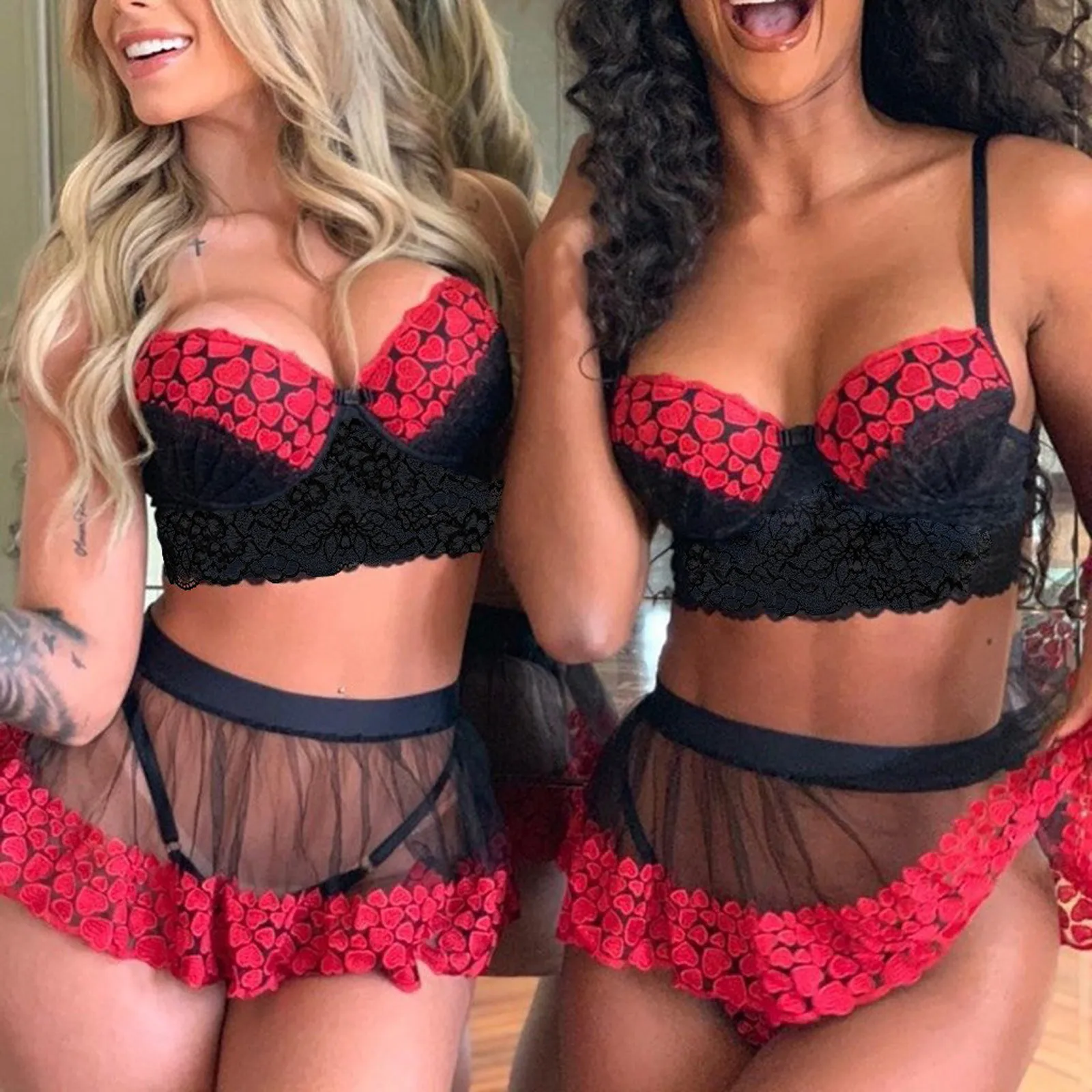 Sexy Doll Lingerie Set, Transparent Mesh Lingerie with a Three-Piece Love Embroidery, Bra, Skirt Panties, Female Lace Apparel. image 4