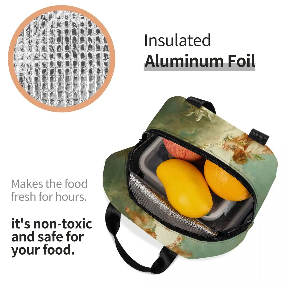Isolierte Lunchtasche mit mythologischen Engeln, Renaissance-Welken, wasserdichter Kühler, Thermo-Lunchbox, Damen-Lebensmittelbehälter, Tragetaschen