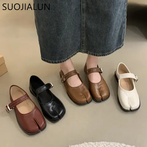 SUOJIALUN Autumn Women Flat Shoes Fashion Split Toe Flat Heel Laofer Shoes Shallow Soft Leather Casual Outdoor Mary Jane Shoes