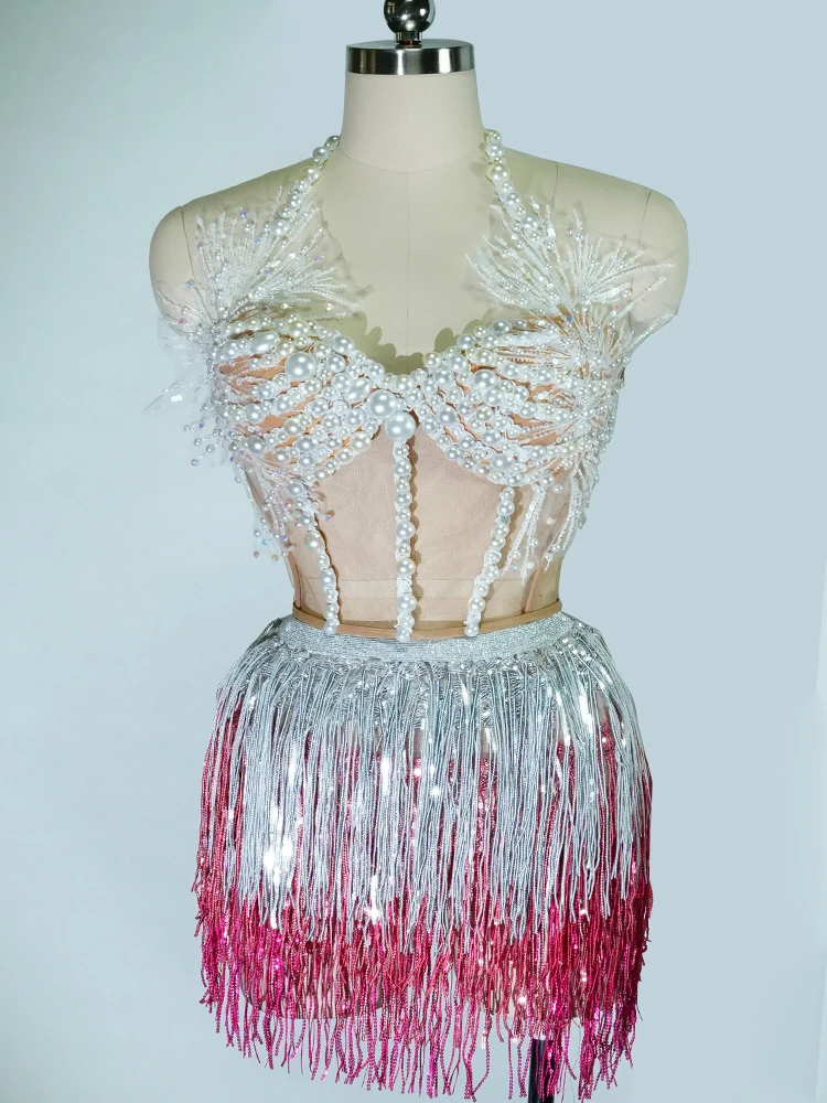 드래그 퀸 카바레 공연 의상 진주 태슬 투피스 세트 여성 컨투어 가운 전문 무대 나이트클럽 생일 글로우