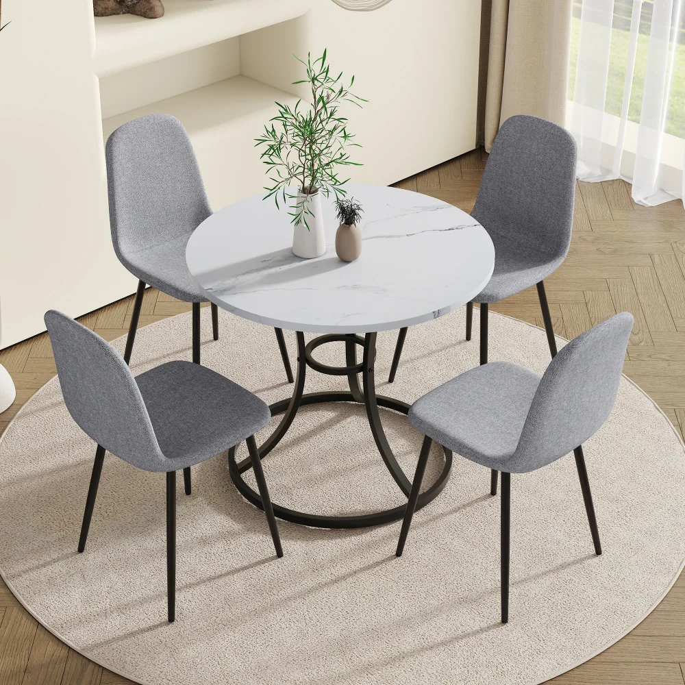 

Dining Table and chair set, Circular Dining Table With A Diameter Of 33.3 Inches.Paired With 4 Linen-Cotton Dining Chair