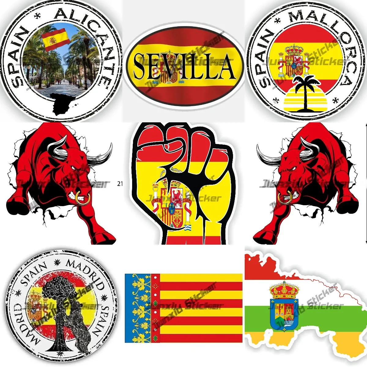 España comunitat Valenciana Sevilla Menorca sello redondo bandera pegatinas España mano paz victoria cubierta arañazos decoración gráfico