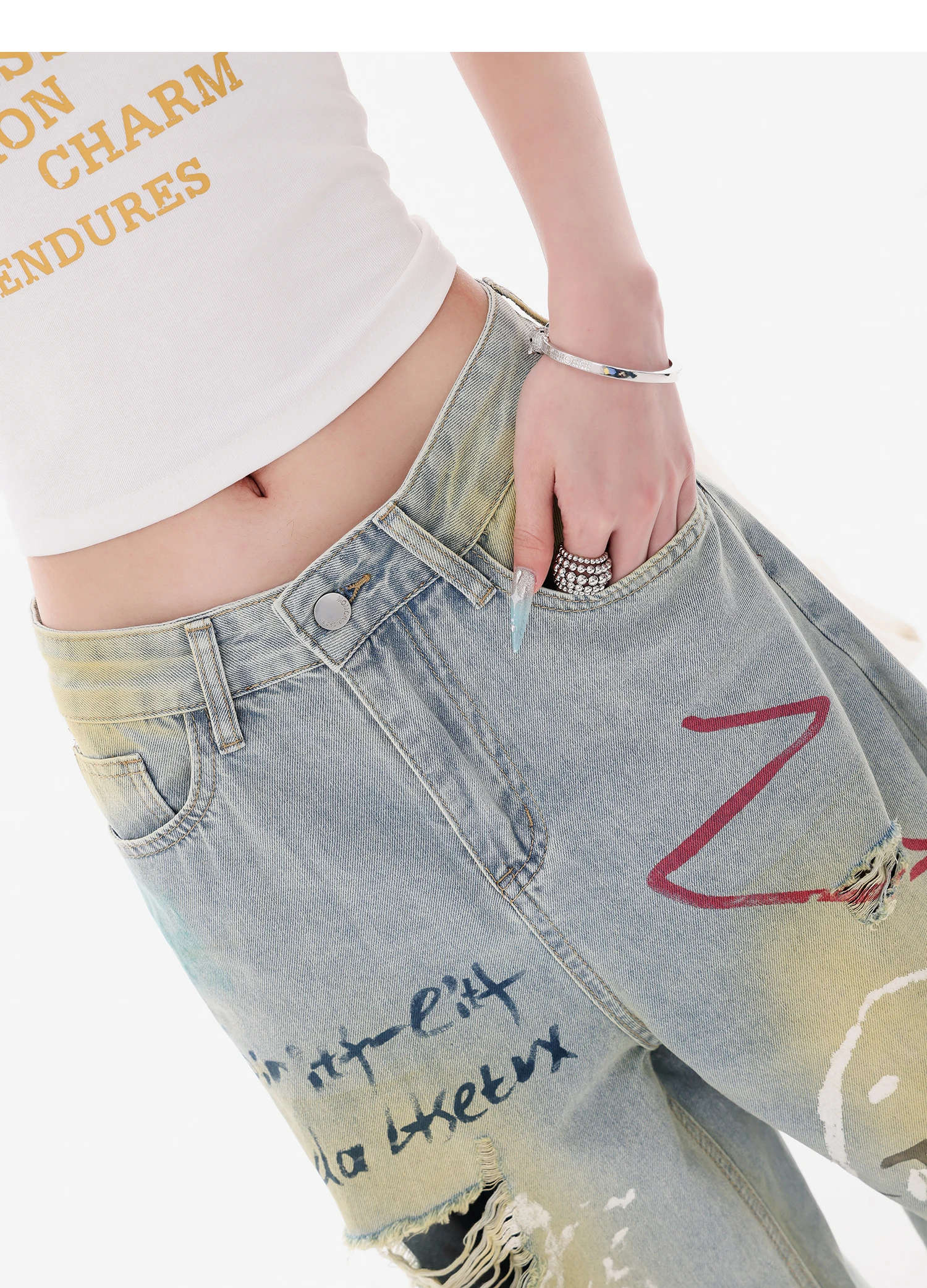 Women's High Waist Wide Leg Light Blue Jeans Graffiti Print Distressed Ripped Vintage Washed Y2K Streetwear Denim Trousers