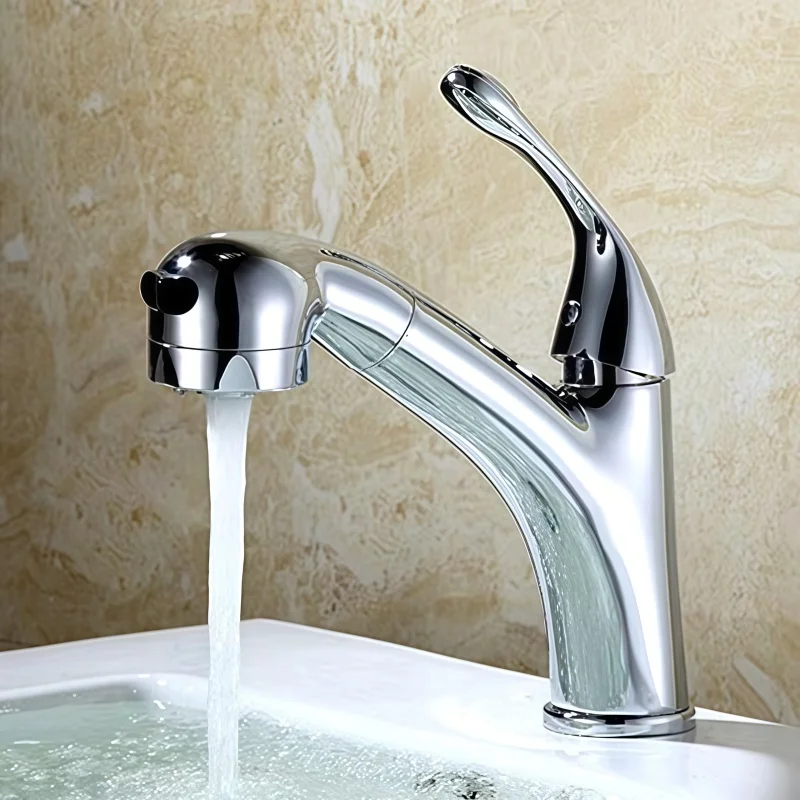 Pull-out Basin Faucet for Bathroom, Countertop Basin, Hot and Cold Dual-use, Large Head Pull-out