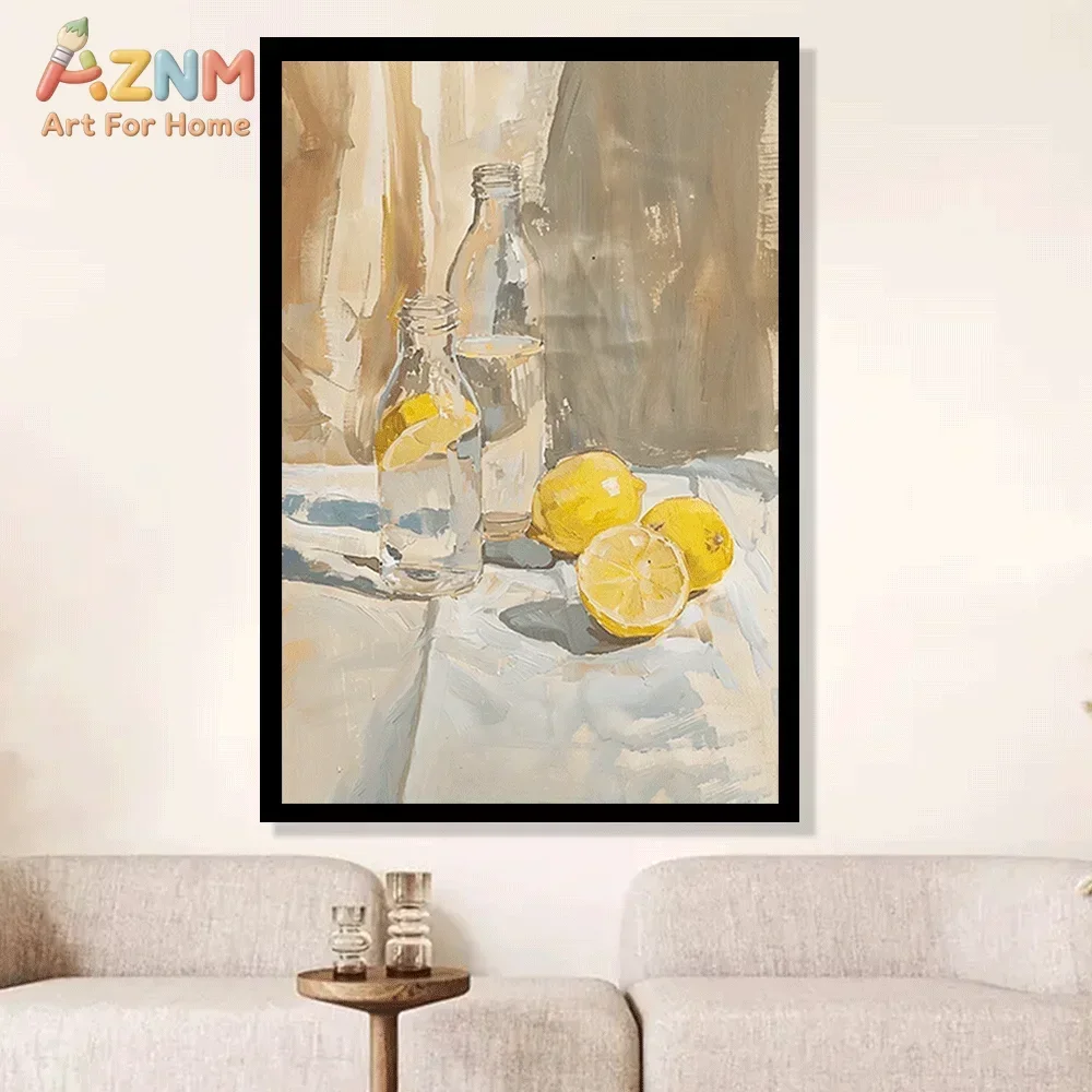 AZNM Lemon Still Life Canvas Wall Art, Vintage Oil Painting Style Glass Bottle Fruit Print Poster for Kitchen Dining Room Decor