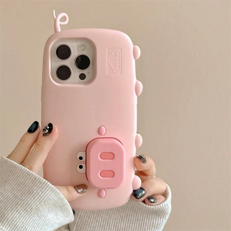 

Funny Cute Pink Pig Folding Holder Stand Case For iPhone 16 Pro Max 15 13 14 Soft Silicone Cartoon Phone Back Cover