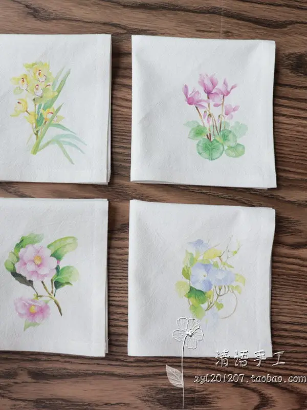 Chinese Style Watercolor Floral Print 100% Cotton Handkerchief Vintage Soft Absorbent Square Hanky For Women Daily Sweat Wiping