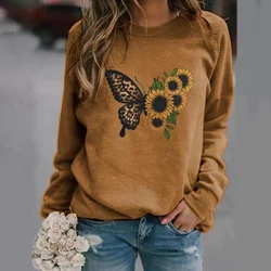 Classic Vintage Sunflower Butterfly Pattern Printed Sweater Women's Long Sleeve Outdoor Street Crew Neck Pullover Top