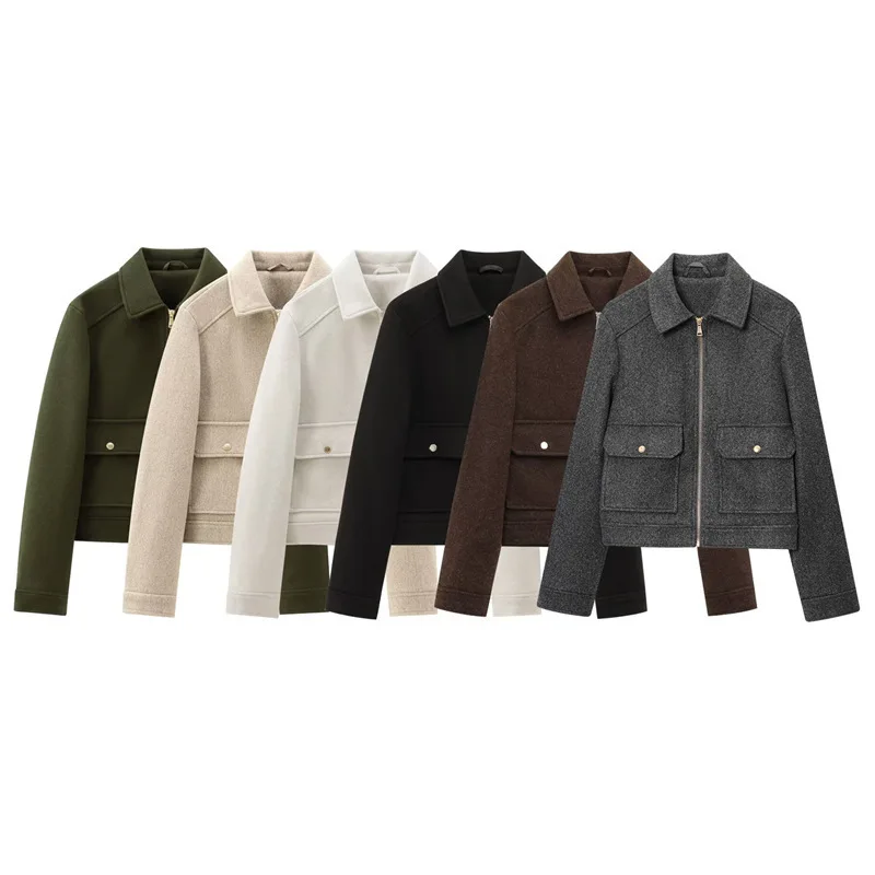 

Women's Autumn Leather Jacket Turn Down Collar Big Pockets Zipper Woolen Female Coat Motorcycle Style High Street Top For Lady