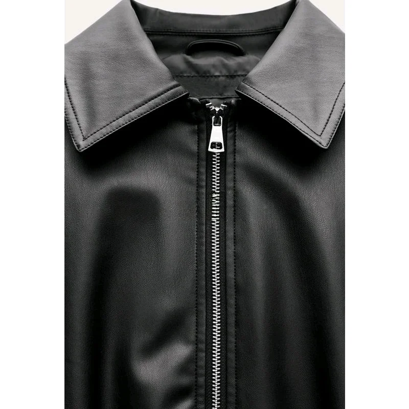 春の新作 レディース ルーズフィット 人工皮革 PU フェイクレザー ジャケット コート ロング丈 ジップアップ 通勤 スタイリッシュ レギュラーフィット