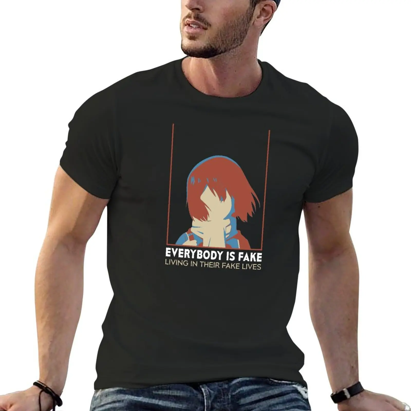 erased anime hinazuki kayo in box frame quotes - everybody is fake living in their fake lives - black T-shirt