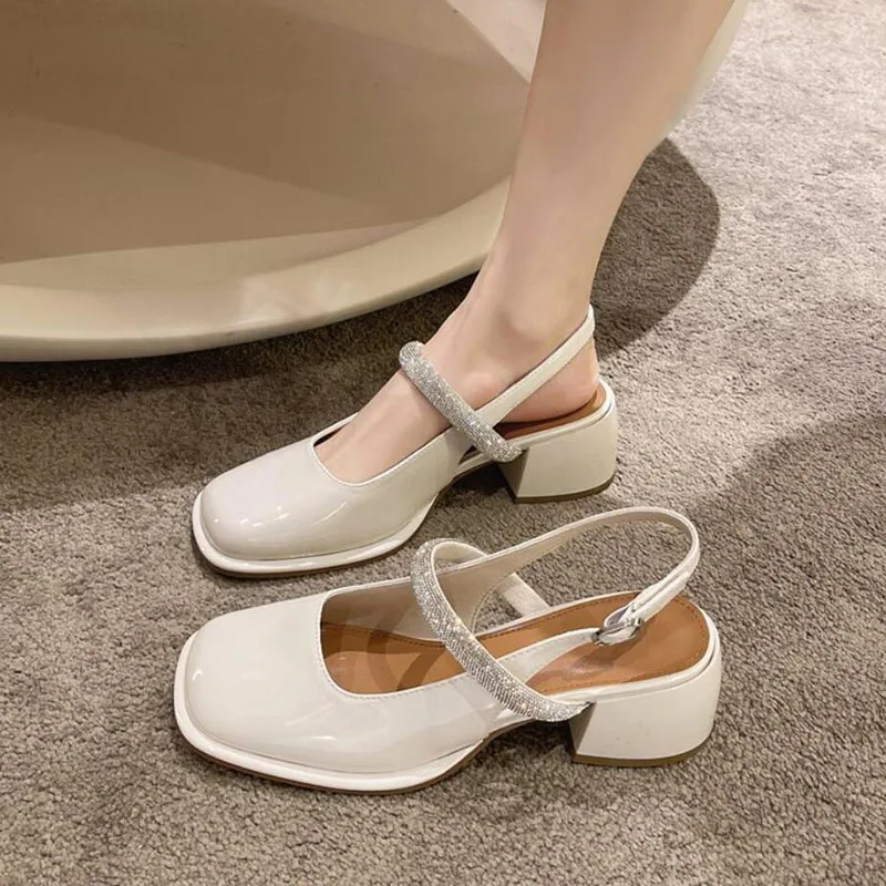 Women\'s French Retro Design Mary Jane Single Shoes Ladies Fashion Square Head Beige Rhinestone Party Sandals Shoes Pumps 2024