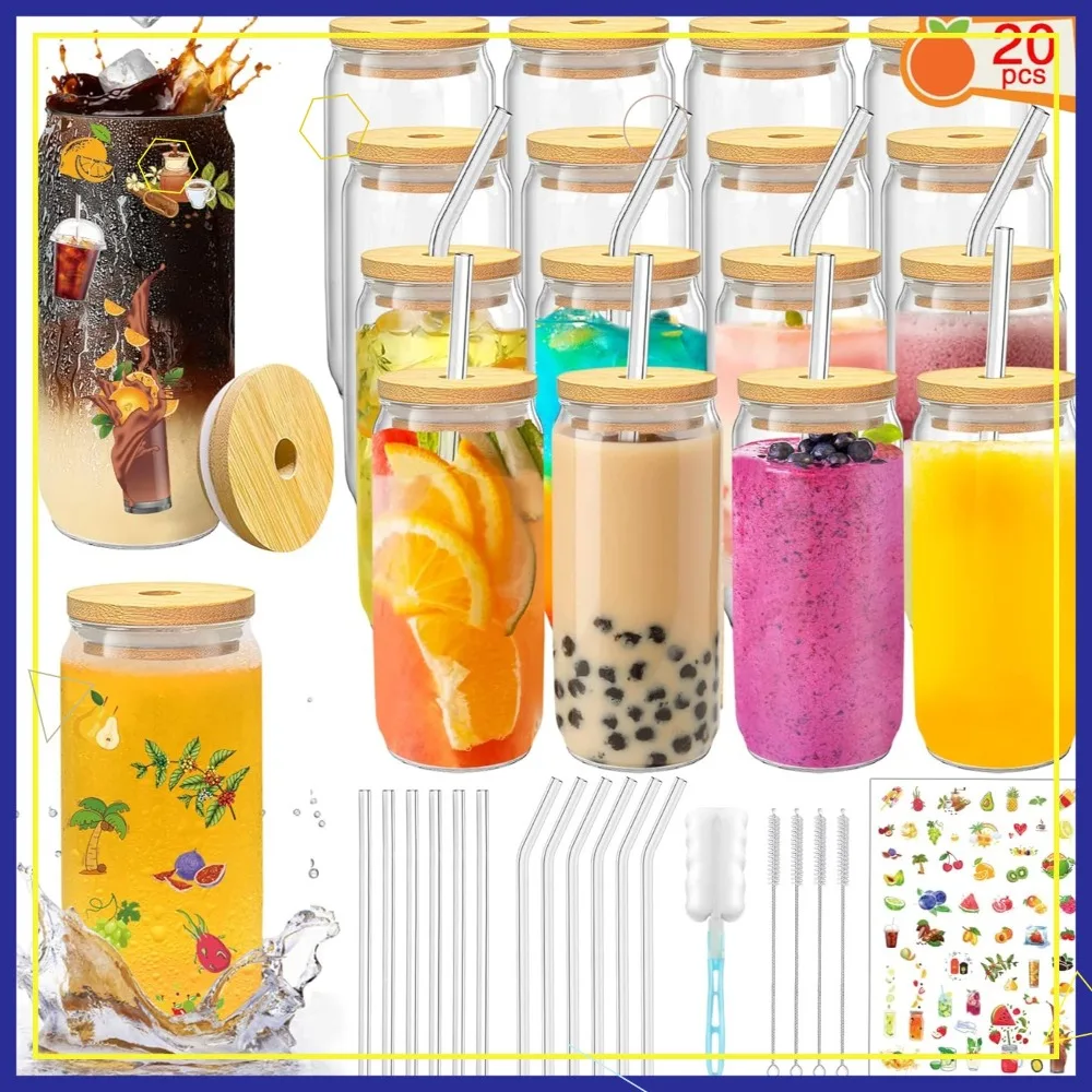 

20 Pcs 16 oz Reusable Glass Cups with Lids and Straws, Ideal for Smoothies, Coffee & Beverages