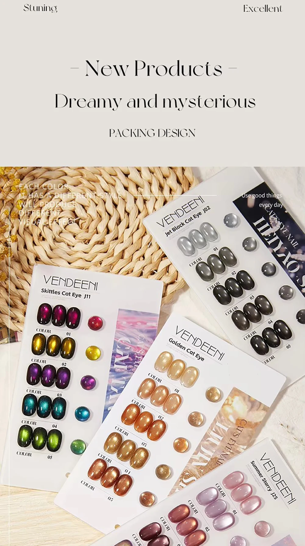 Vendeeni 5 Farben Kristall-Katzenaugen-Gel-Nagellack-Set, semi-permanenter, funkelnder, magnetischer UV-LED-Soak-Off-Gel-Lack mit Display – Detail 2