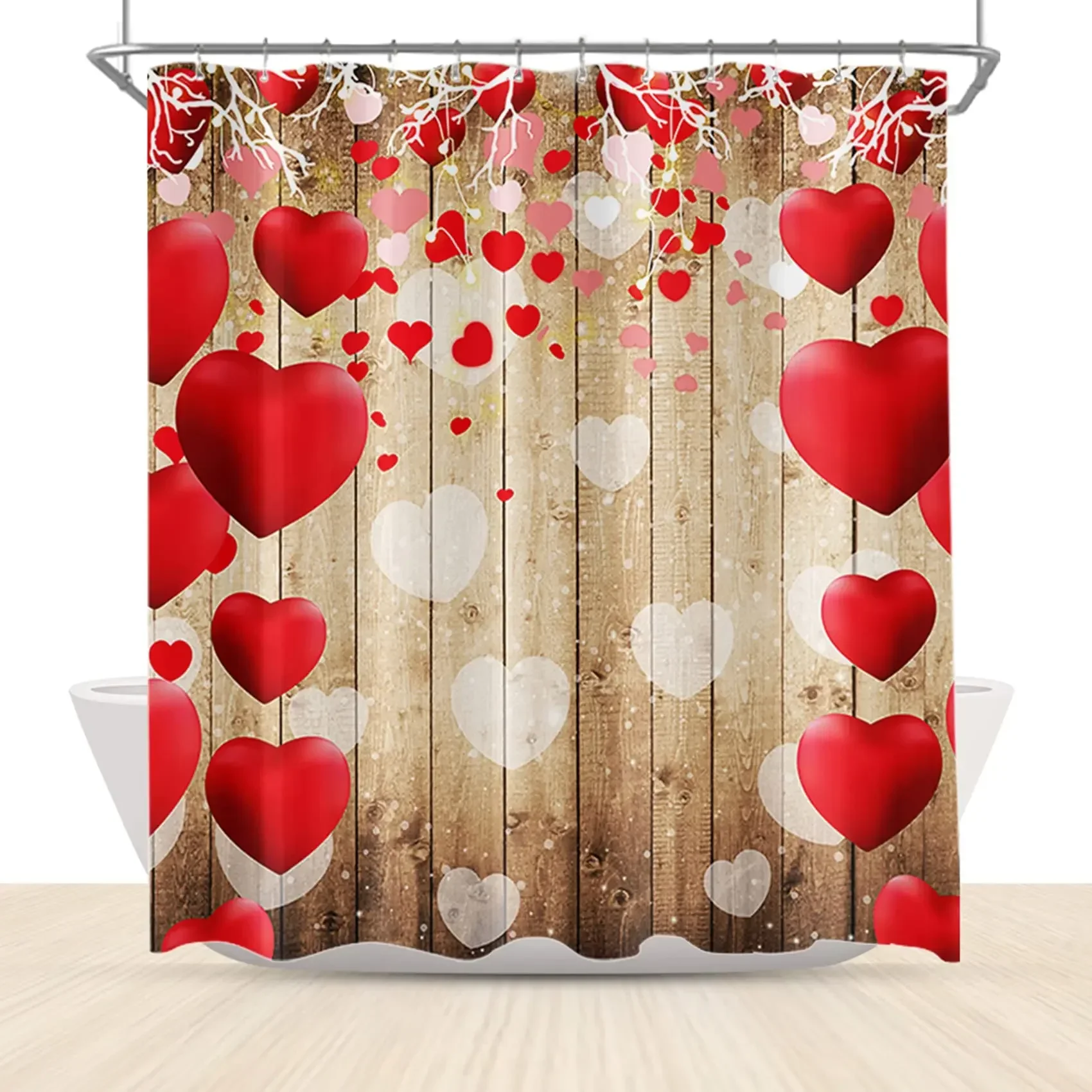 Romantic Valentines Shower Curtain Love Script Red Hearts Spots Balloons on Vintage Wood Backdrop Valentine's Day Bathroom Sets