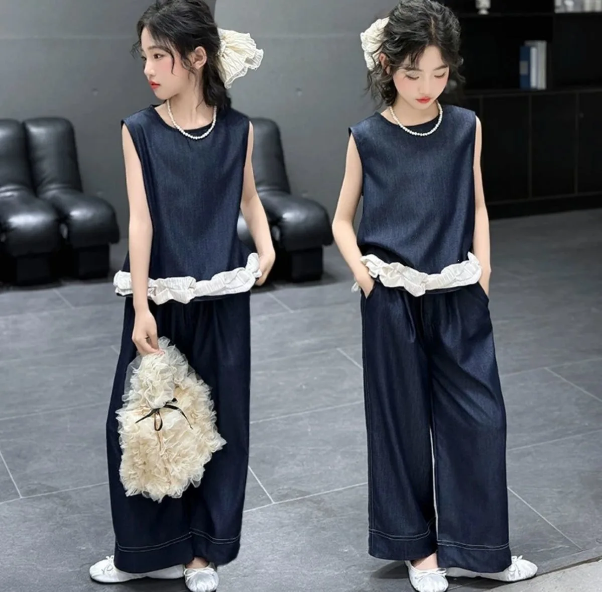 2026 summer girl Cloth Children set blue lace patchwork Teenager top t shirt vest sleeveless + wide leg long pants 4 8 12 year