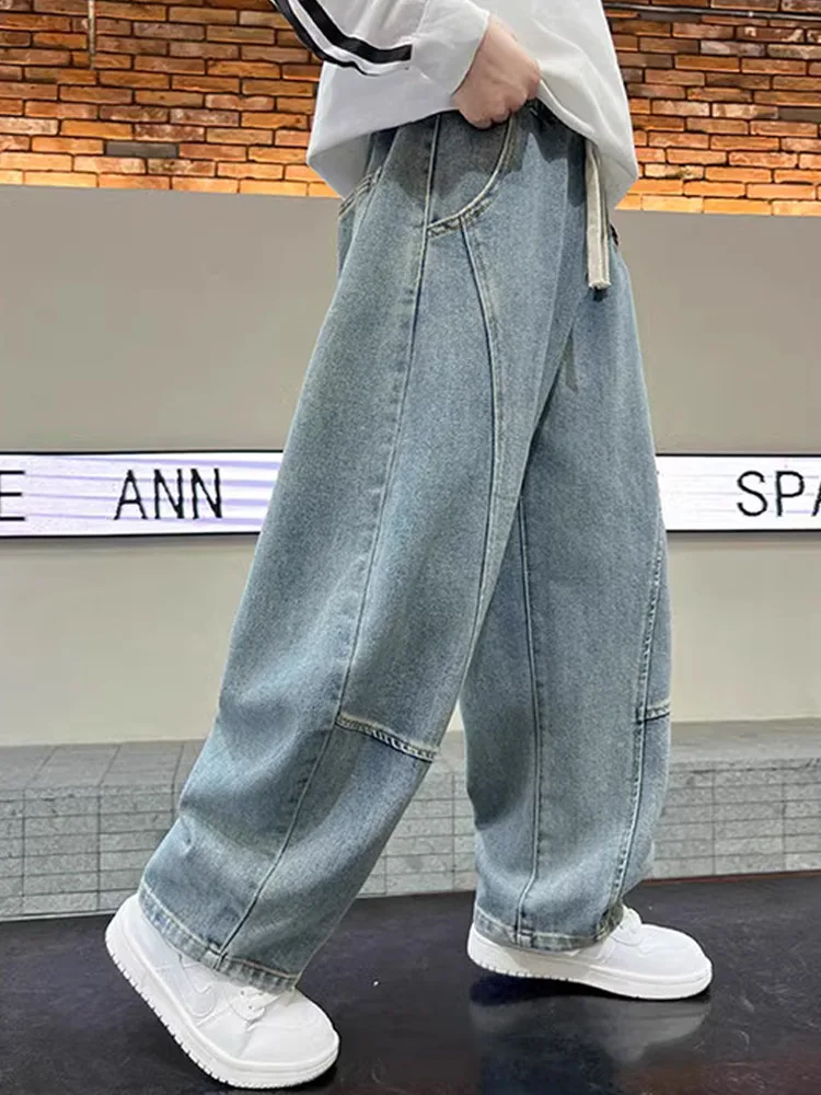 2026 Spring Casual Boys Denim Pants Elastic Waist Loose Straight Leg Jeans Blue Pocket Streetwear Style Trousers 2 2026 Spring Casual Boys Denim Pants Elastic Waist Loose Straight Leg Jeans Blue Pocket Streetwear Style Trousers 2