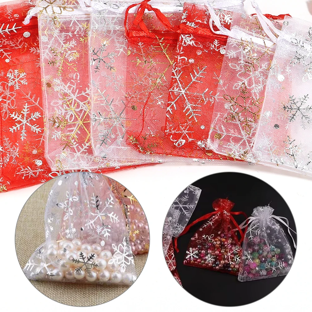 10/50pcs Hot Printing Organza Gift Bag Snowflake Drawstring Jewelry  Pouches For Wedding Christmas Party Candy Gift Packing Bags