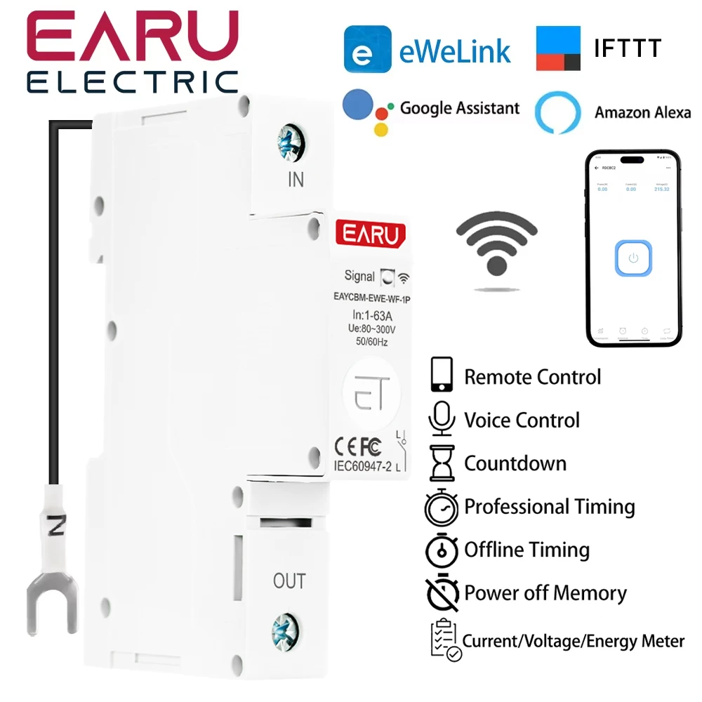 EARU 63A EWeLink App WiFi Smart MCB Circuit Breaker Current Voltage kWh Energy Meter Protector Timer Relay Switch Remote Control