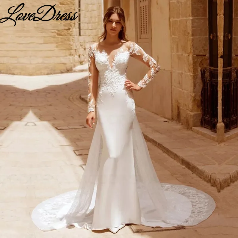 LoveDress-vestido De sirena De manga larga para novia, traje De boda brillante con escote en V, espalda descubierta y tren, 2023