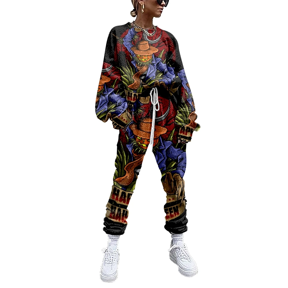 

Women Tracksuit 2 Piece Outfit Sweatshirt+Straight Sweatpants Matching Set Fitness Sporty Streetwear Halloween Printing