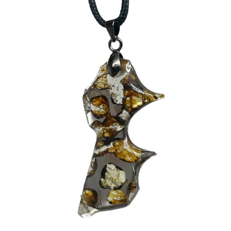 Natural Seymchan Pallasite Meteorite Necklace Irregular Olivine Iron Meteorite Unique Pattern Collectible Cosmic Jewelry LB187