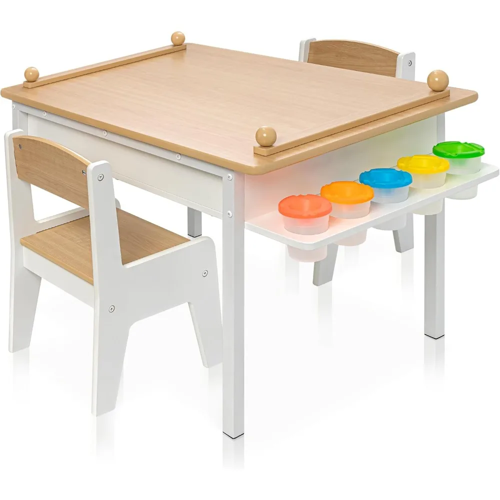 

2-in-1 Kids Art Table and Chair Set – Activity Table with Storage, Easel Transformation - 5 Paint Cups, and Paper Roll for Endl