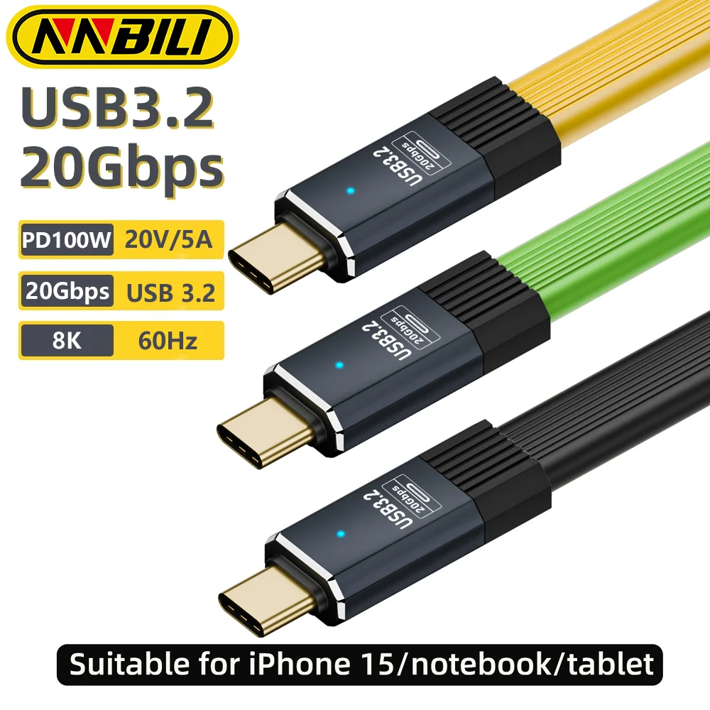 NNBILI USB3.2 20Gbps Type C to Type C Flat Data Cable ThunderBolt 3 PD100W 5A USB-C Cord For iPhone 15 16 Huawei Samsung Xiaomi