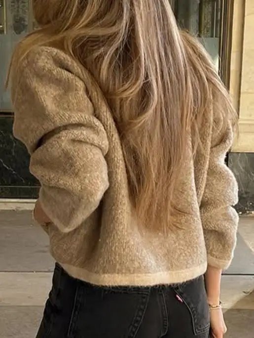 Outono nova cor sólida em torno do pescoço único breasted fino ajuste pequeno estilo perfumado jaqueta de malha para feminino elegante jaqueta casual