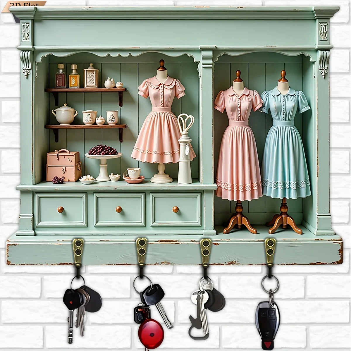 2D Flat, 1pc, European Retro Wooden Multifunctional Home Key Hook Rack, with Four Metal Hooks, Wall Decoration, Porch