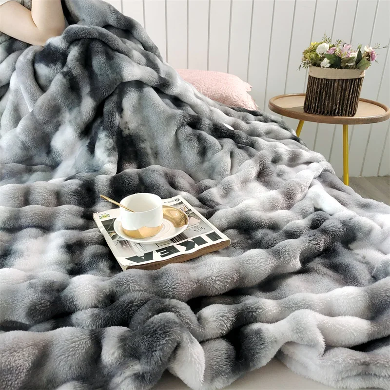 Gradient Bubble Fleece Throw Blanket Cozy Soft Plush Multipurpose Nap Blanket for Bedroom Sofa Faux Rabbit Fur Travel Blankets