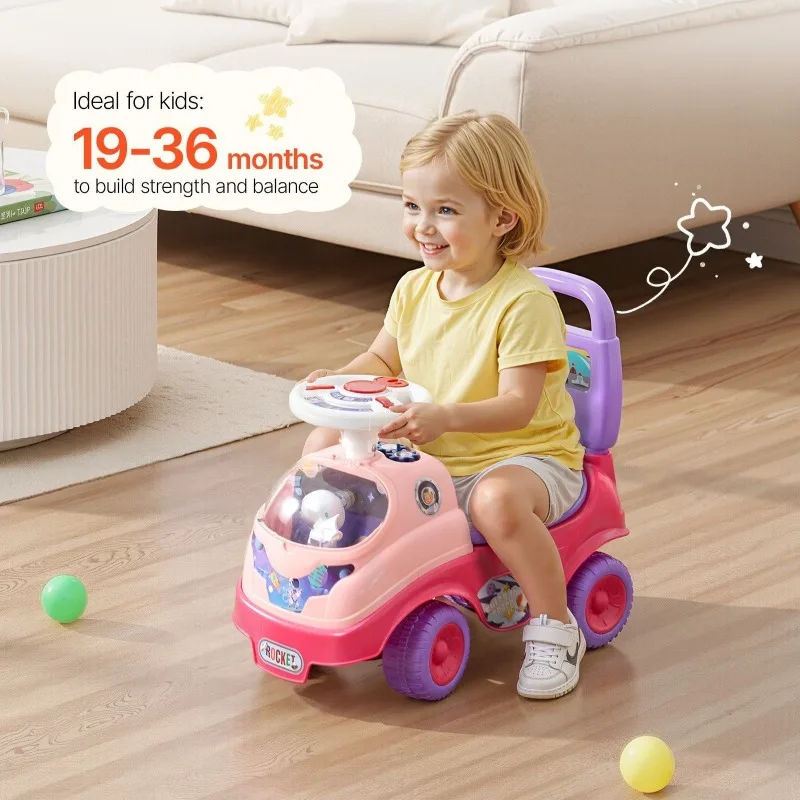 Samochodzik do pchania dla malucha, zabawka do jazdy, klakson, muzyka, schowek pod siedzeniem, chodzik z napędem na stopy, dla dzieci, chłopców, dziewczynek, różowy