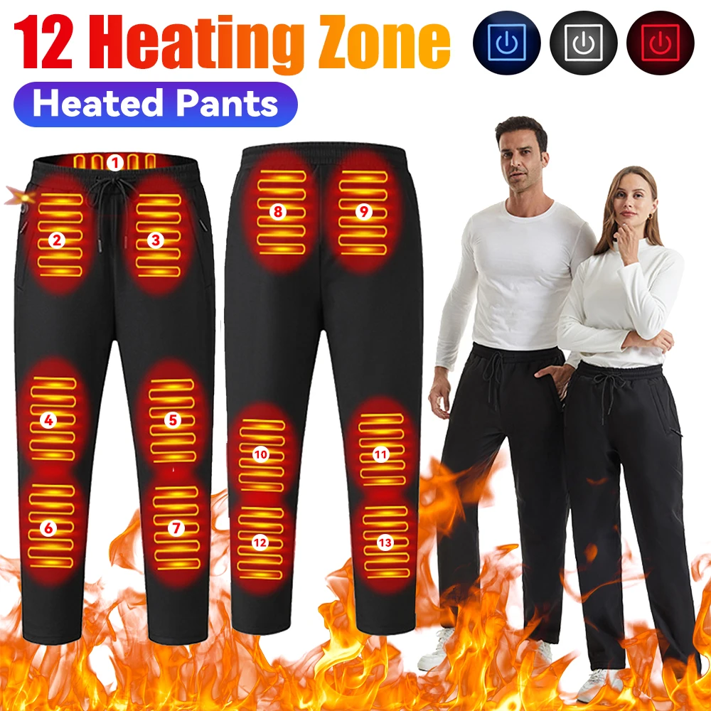 Heating Pants for Men Women Elastic Waist USB 5V Thermal Pants 12 Heating Zone Waterproof Heated Trousers for Skiing Fishing Mot