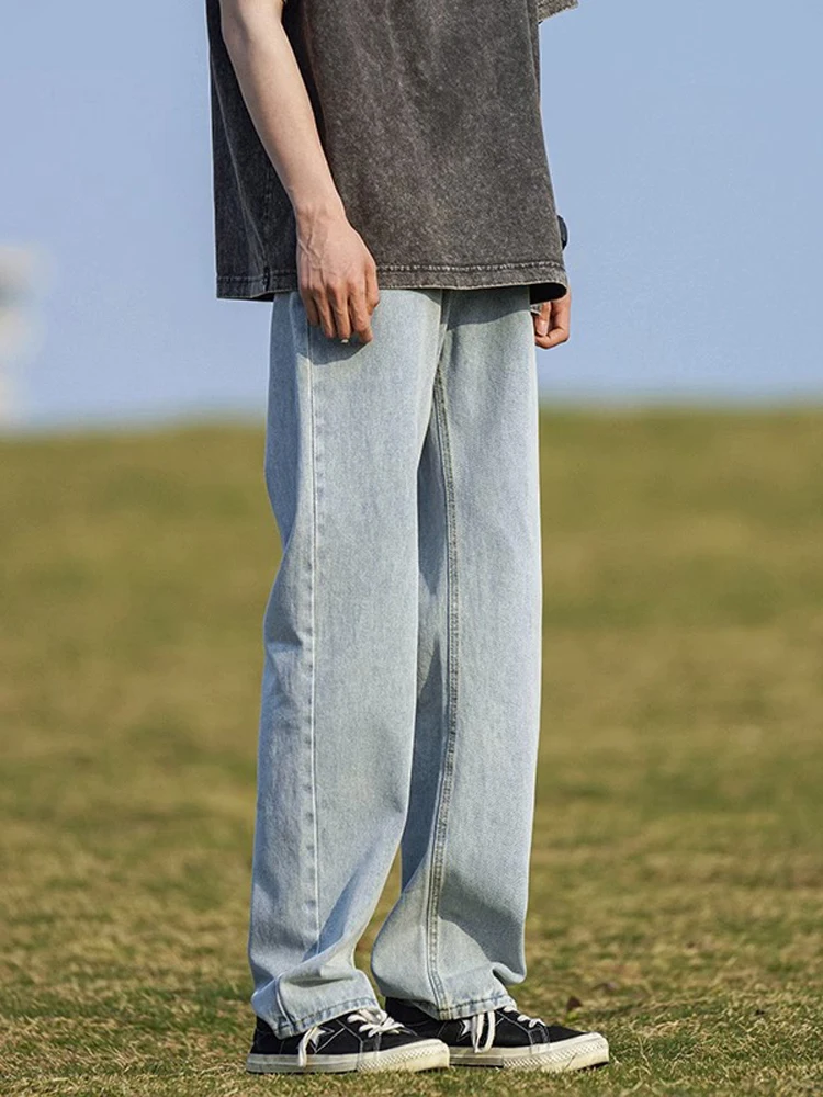 الجليد الحرير القطن الرجال نحيل الصيف العصرية الأمريكية الرجعية مستقيم الساق بنطال ذو قصة أرجل واسعة عادية بنطلون جينز طويل