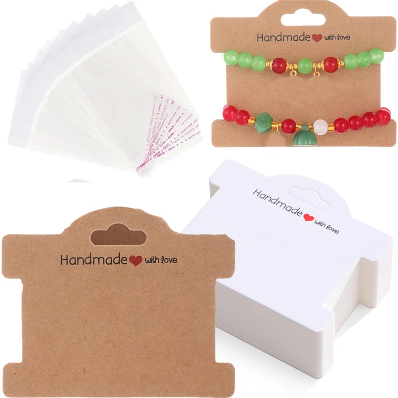 

20sets 9.7x8cm Paper Bracelets Display Holders With Self Adhesive Bags Necklace Cards Organizers Cardboard For Jewelry Packaging