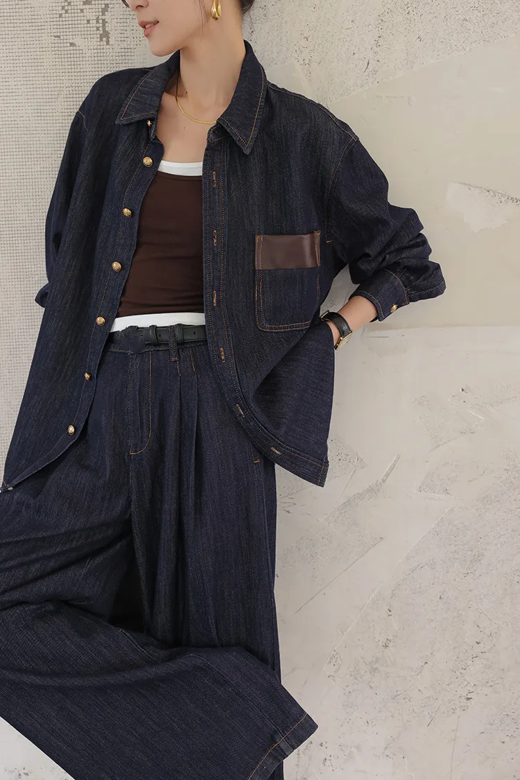 Original Color Denim Casual Set Spring Autumn Lazy Style Denim Shirt Wide Leg Pants Two Piece Set Women's Fashion