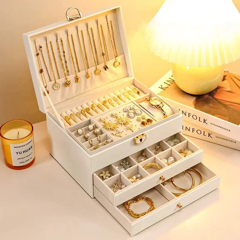 For Necklace Bracelet Ring and Earring Organizer 3 Layers Jewelry Box with 2 Drawers PU Leather Jewelry Storage Case Ideal
