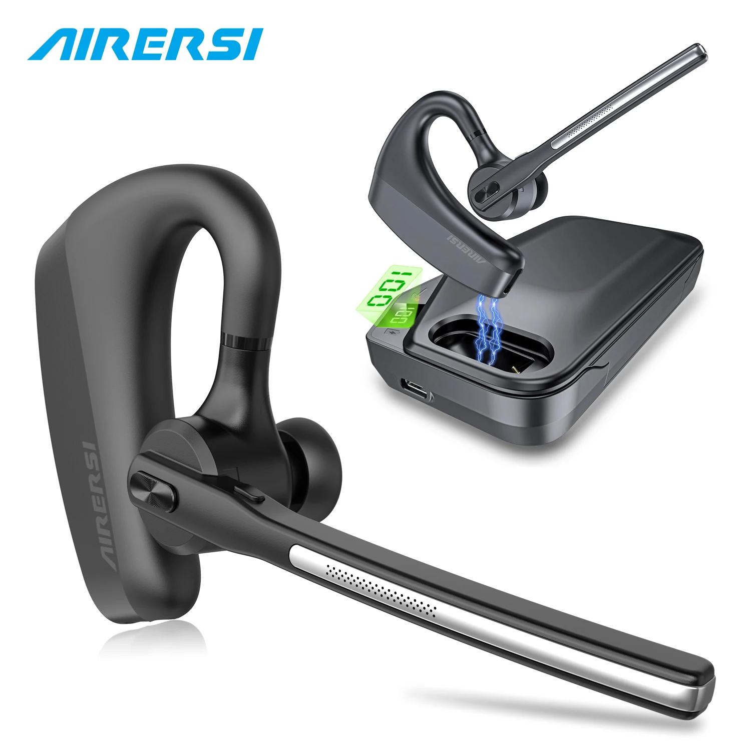 سماعات بلوتوث لاسلكية مع علبة شحن سماعات بلوتوث مع ميكروفون مزدوج لإلغاء الضوضاء لمكتب سائق الشاحنة