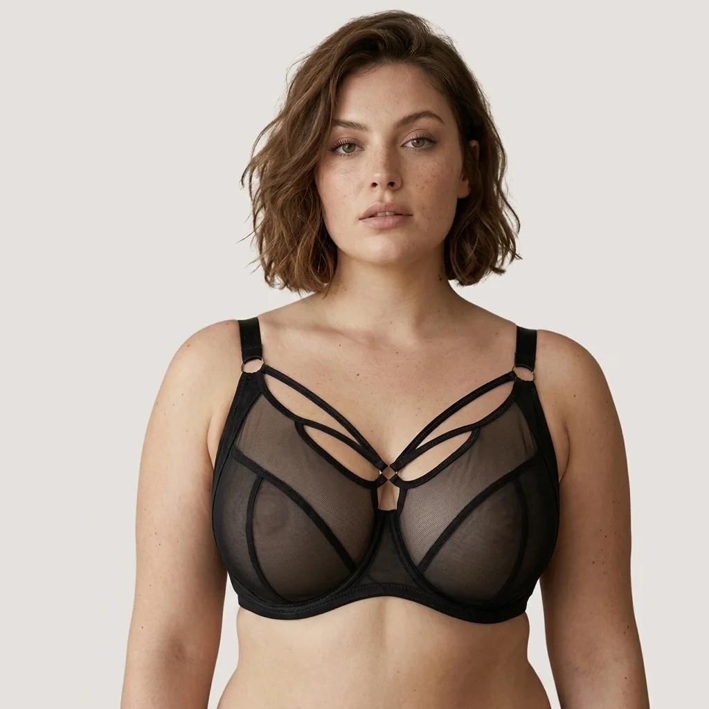 Women Plus Size Crisscross Strappy Sheer Mesh Minimizer Bra Suit Unlined Underwire Large Bust Lingerie Set C D E F G H I J K L